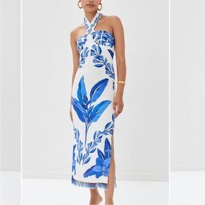 FARM Rio Blue and White Tie Front Halter Midi Dress